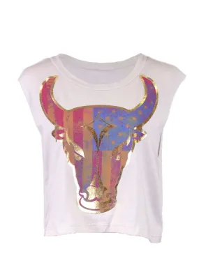 Audrey 3 1 Casual Bull Face Print Emblem Knit Sleeveless Muscle Crop Top