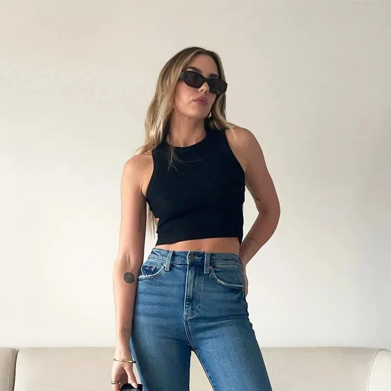 Basic Elastic Tank Top U Neck Solid Tank Top Short Sleeve Tee