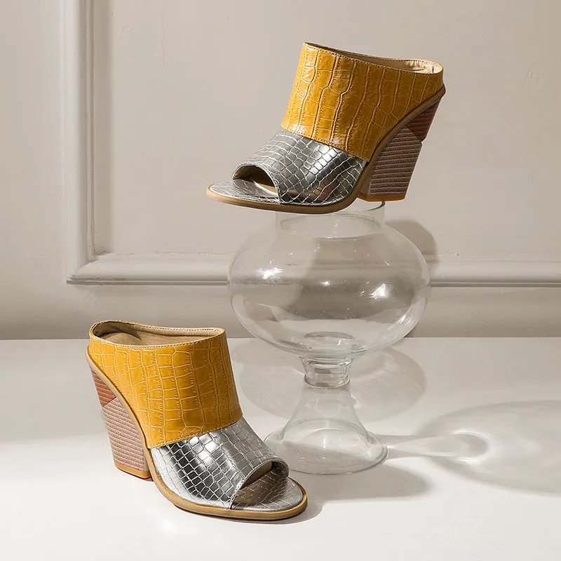 Bigsizeheels Snake Print Chunky Heel Serpentine Mules - Yellow