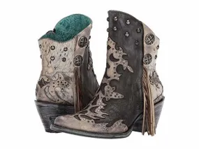 Black Leather Overlay with Fringe Concho & Studs Ankle Boot