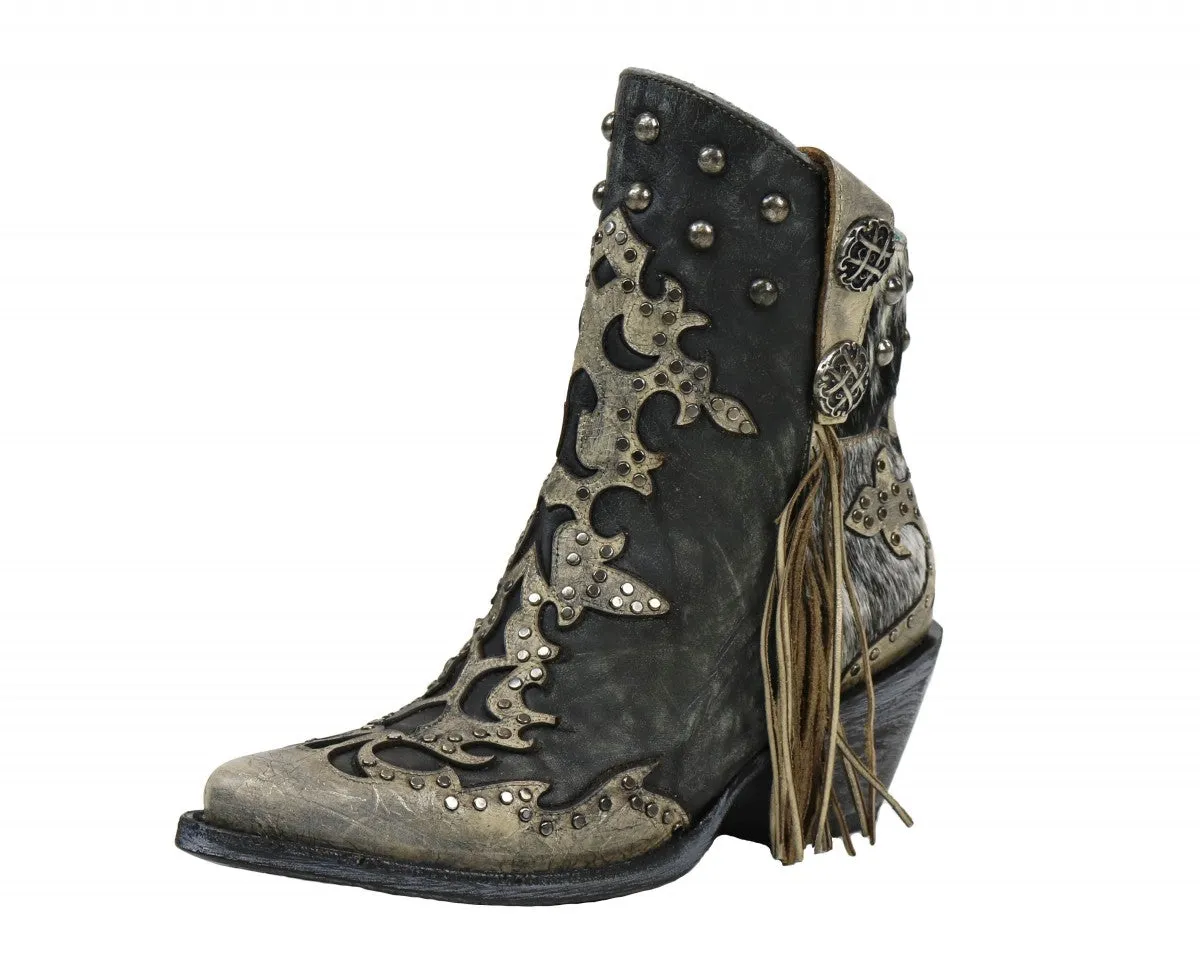 Black Leather Overlay with Fringe Concho & Studs Ankle Boot