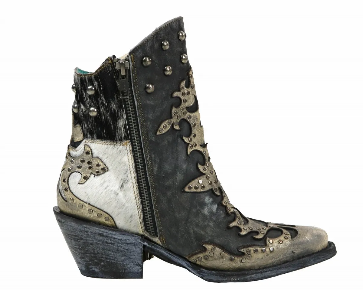 Black Leather Overlay with Fringe Concho & Studs Ankle Boot