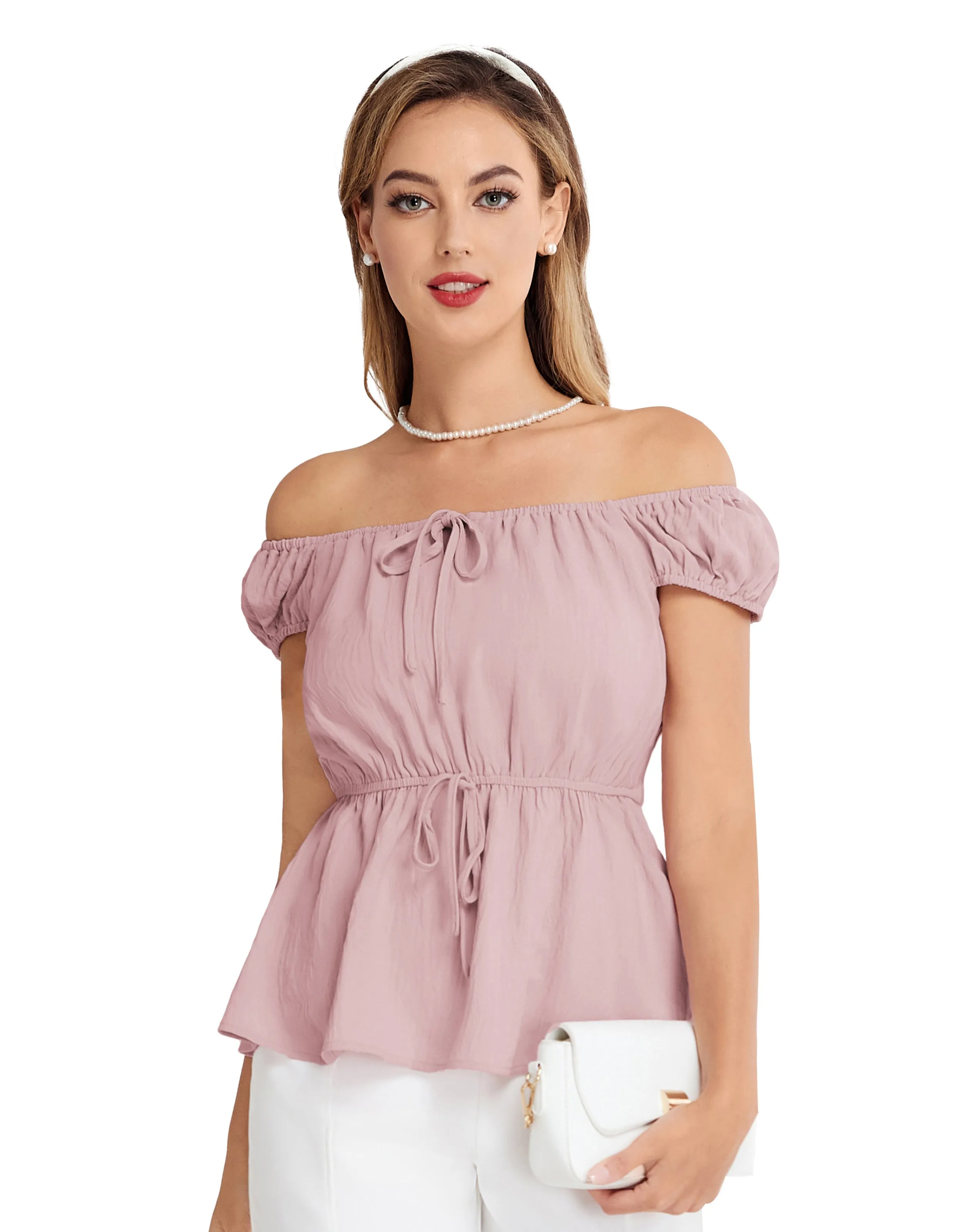 BP Women Vintage Elastic Waist Tops Cap Sleeve U-Neck Pullover Tops