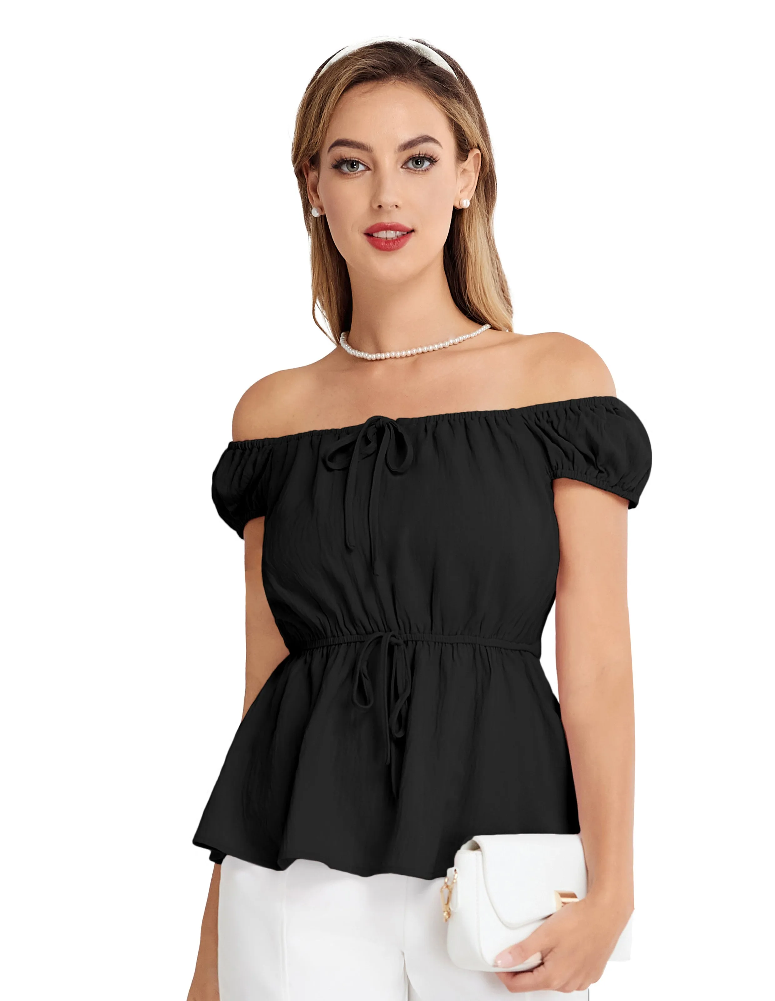 BP Women Vintage Elastic Waist Tops Cap Sleeve U-Neck Pullover Tops