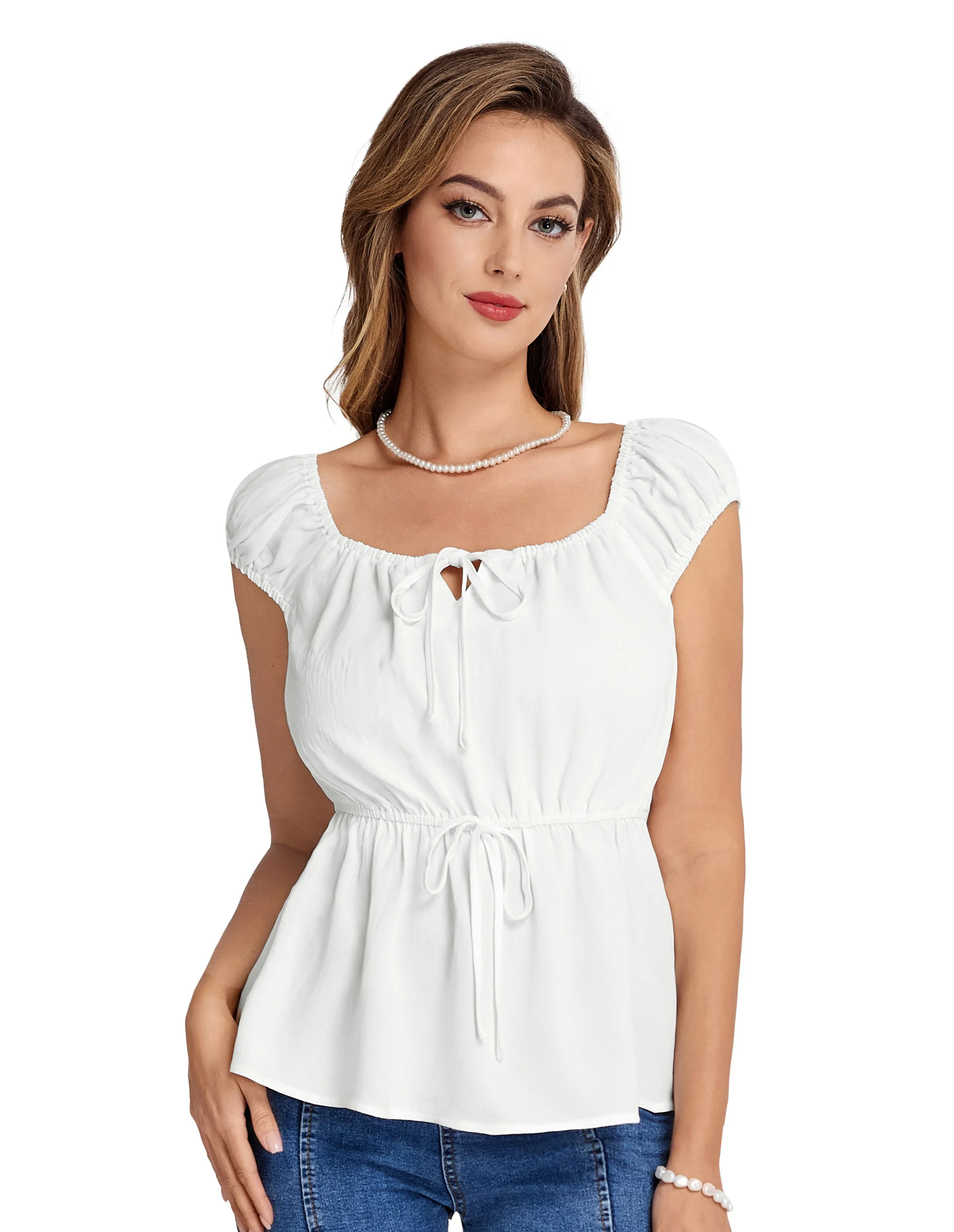 BP Women Vintage Elastic Waist Tops Cap Sleeve U-Neck Pullover Tops