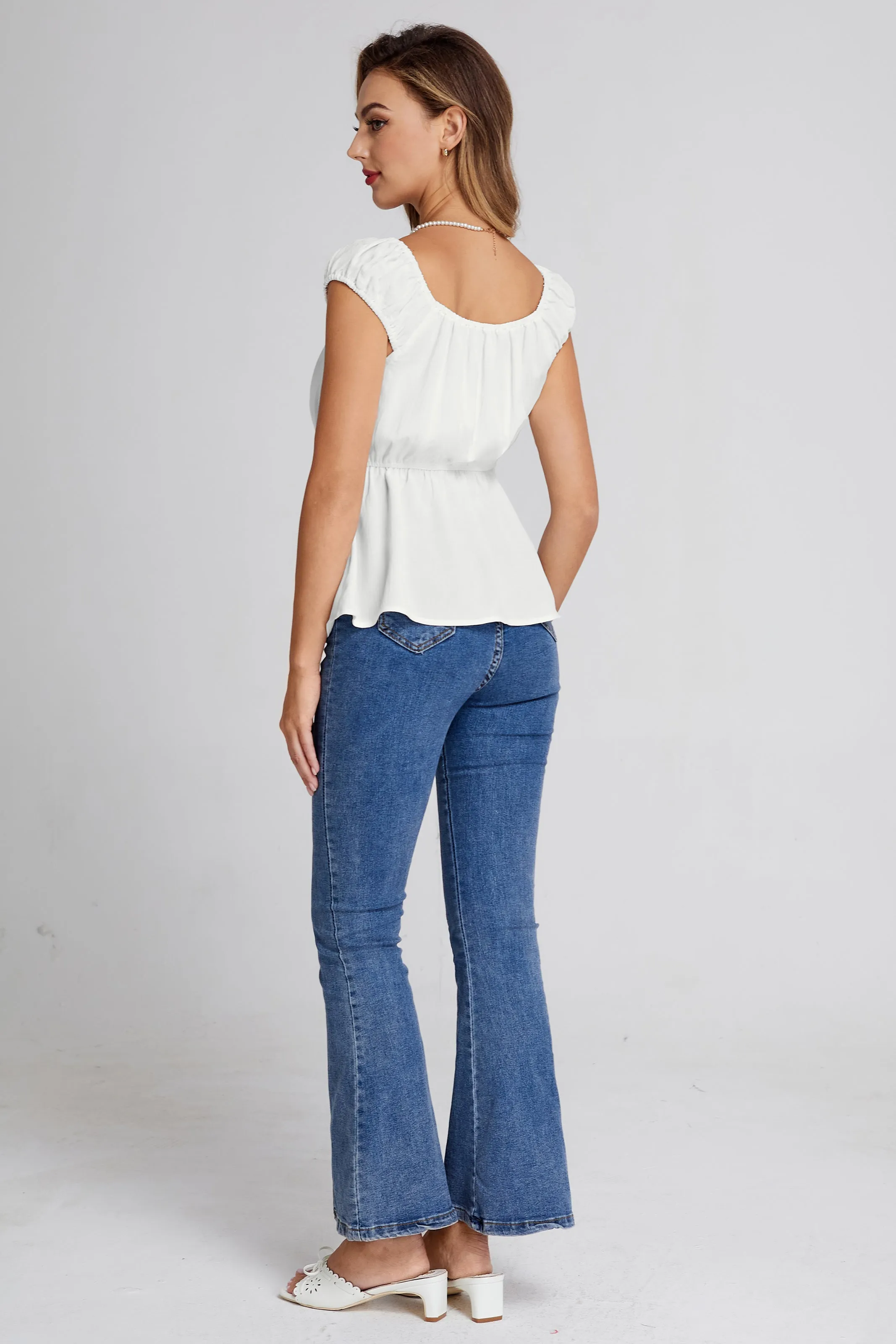 BP Women Vintage Elastic Waist Tops Cap Sleeve U-Neck Pullover Tops