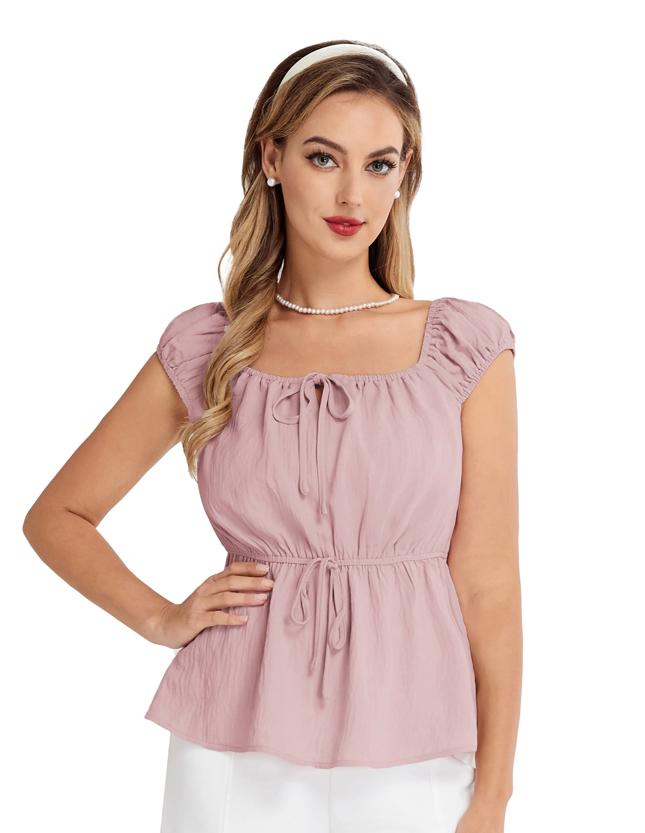 BP Women Vintage Elastic Waist Tops Cap Sleeve U-Neck Pullover Tops
