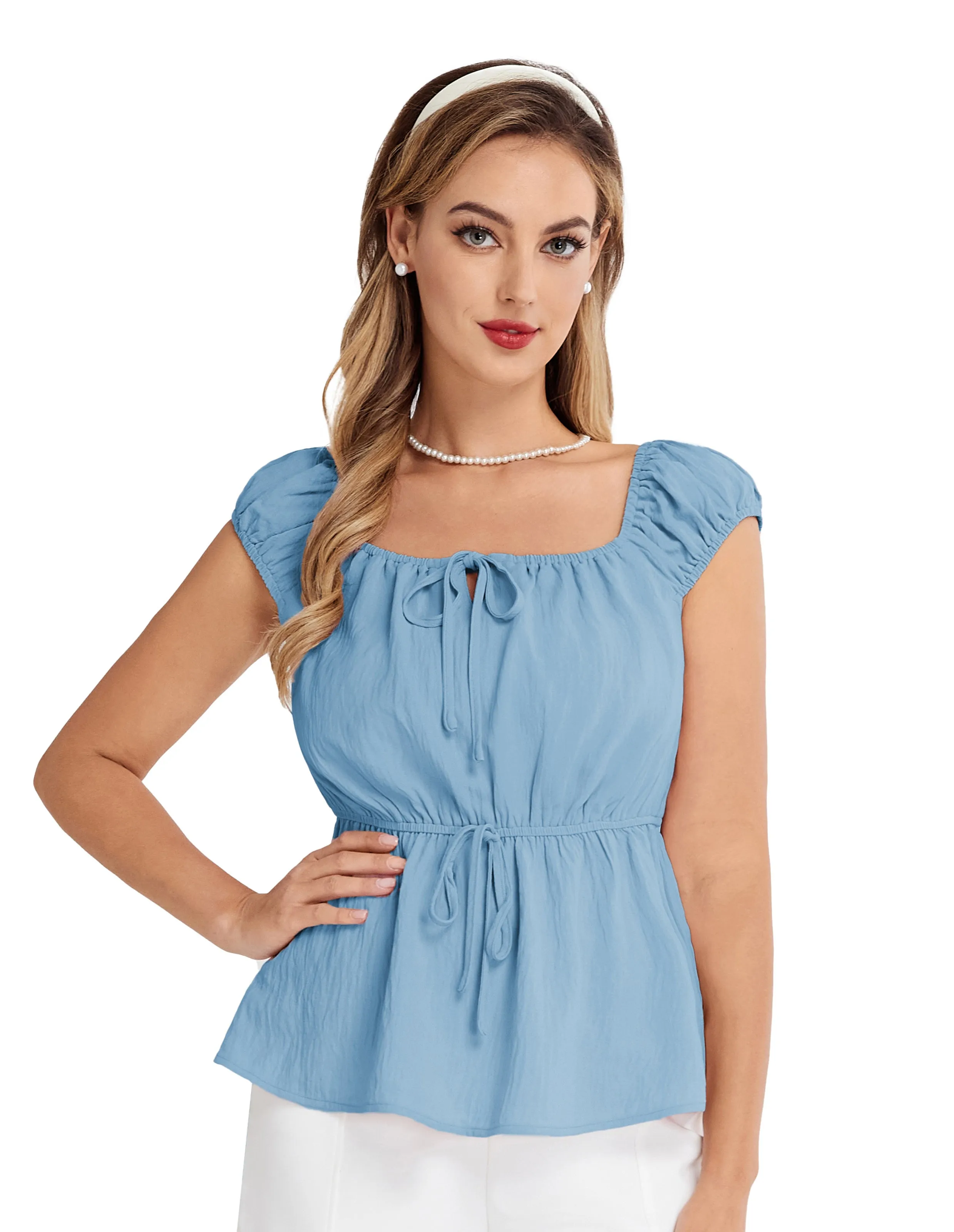 BP Women Vintage Elastic Waist Tops Cap Sleeve U-Neck Pullover Tops