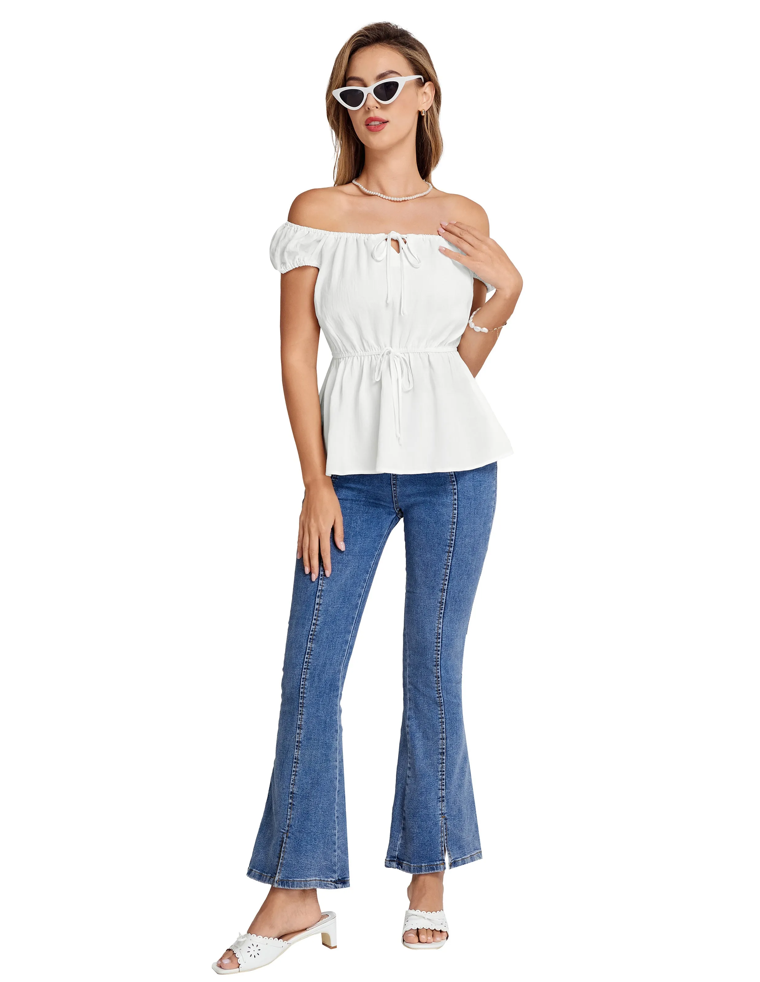 BP Women Vintage Elastic Waist Tops Cap Sleeve U-Neck Pullover Tops
