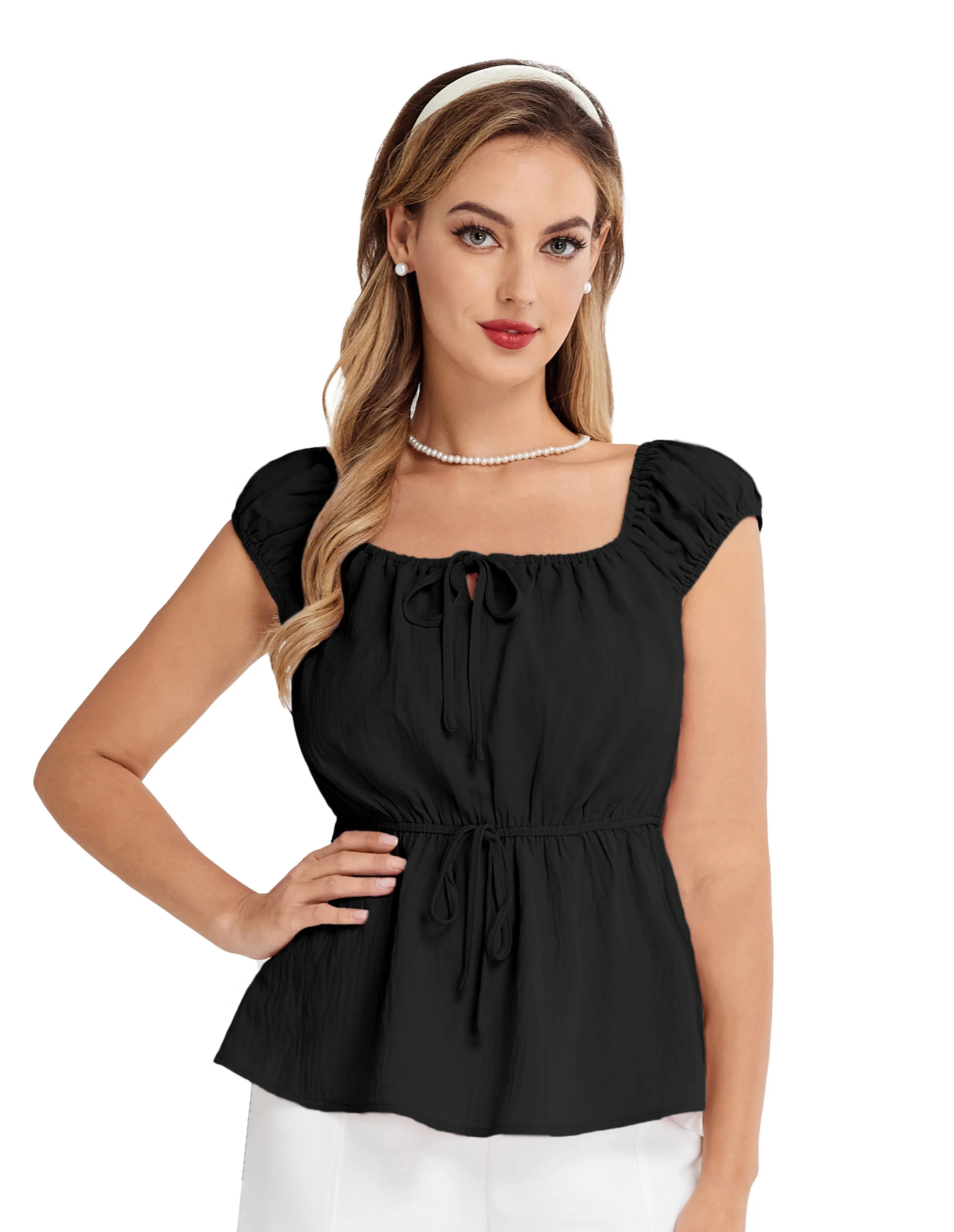 BP Women Vintage Elastic Waist Tops Cap Sleeve U-Neck Pullover Tops