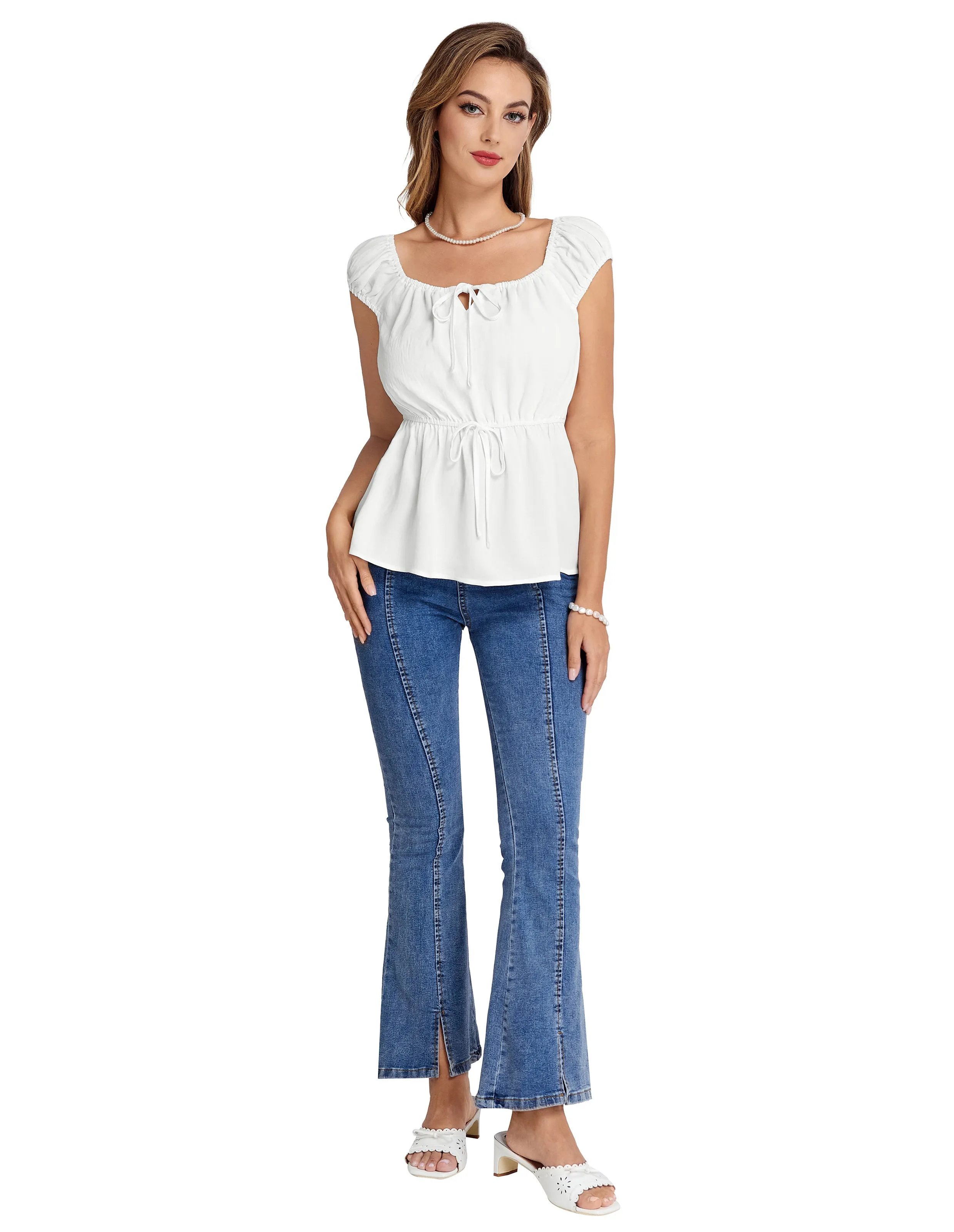 BP Women Vintage Elastic Waist Tops Cap Sleeve U-Neck Pullover Tops