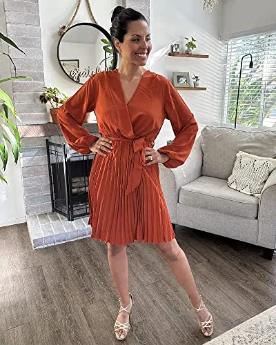 BTFBM Women 2023 Summer Casual Dresses Boho Wrap V Neck Puff Long Sleeve Beach Cocktail Flowy Pleated A-Line Mini Dress(Solid Brick Red, X-Large)
