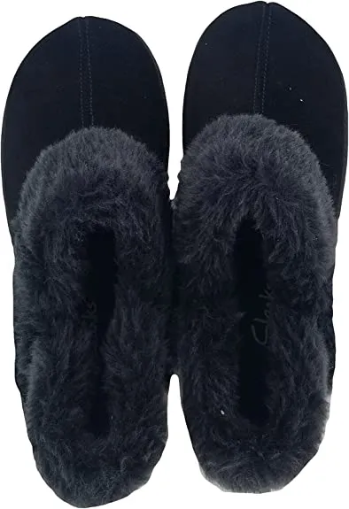 Clarks Indoor and Outdoor Black Slipper Cozy Wool Mule Slip-On Fur Lined Clogs