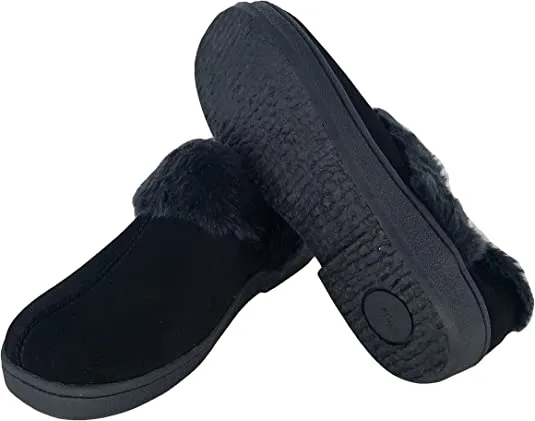 Clarks Indoor and Outdoor Black Slipper Cozy Wool Mule Slip-On Fur Lined Clogs