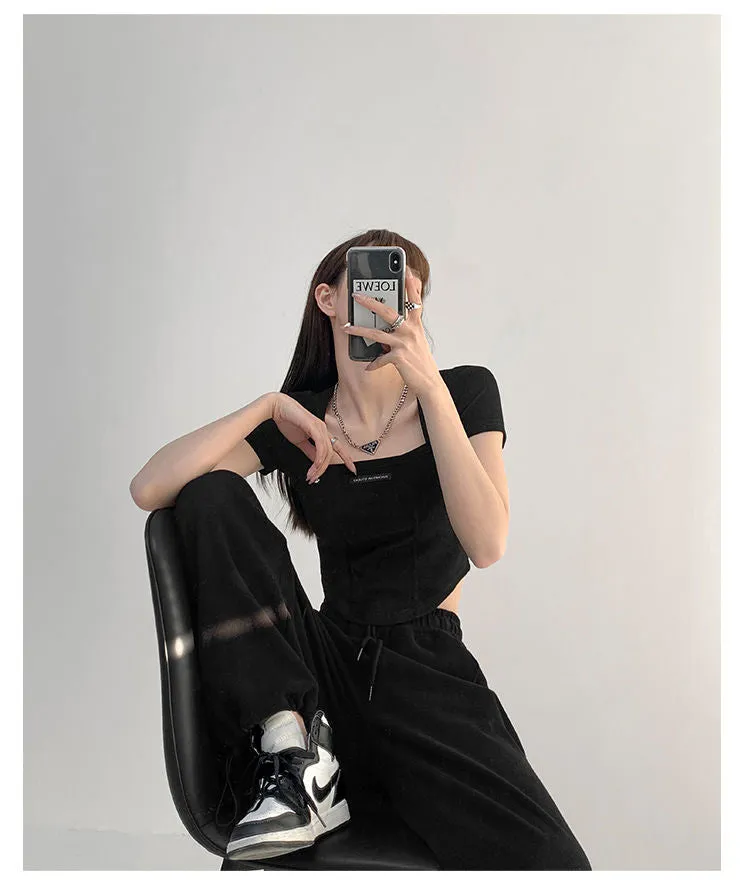 Curved Crop Tops Women Summer Square Collar Short Sleeve T-Shirt Fashion Slim Woman