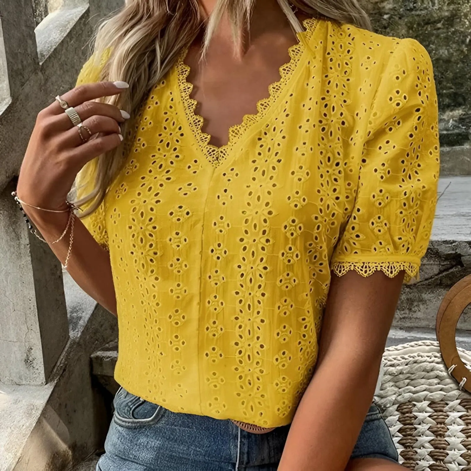 Embroidery Hallow Blouse