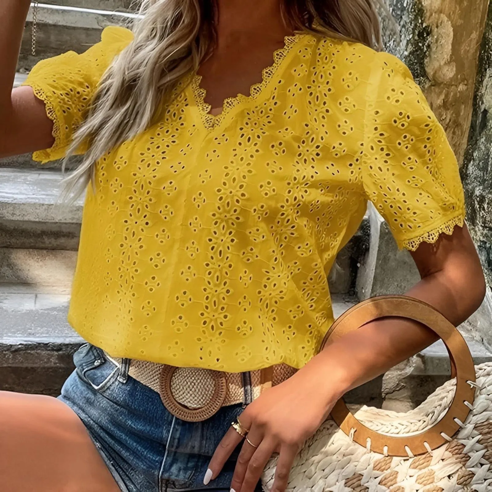 Embroidery Hallow Blouse