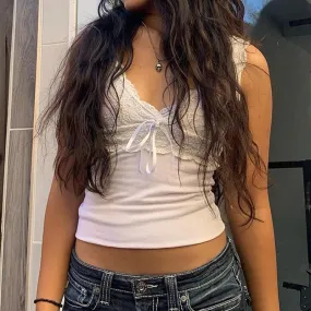 Hnewly Y2K Aesthetic Fairy Vintage Vest White Lace V Neck Tank Top Kawaii Bow Slim Fit Women Summer Sleeveless Crop Top Streetwear