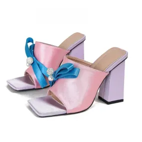 Kailin Bow Knot Satin Square Mule Pumps
