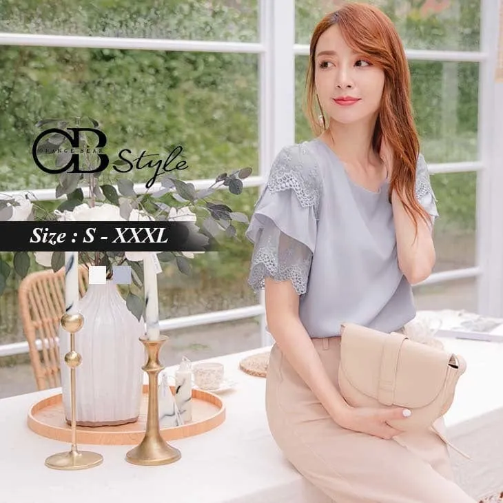 ORANGEBEAR LACE CARVED RUFFLE SLEEVE TOPS