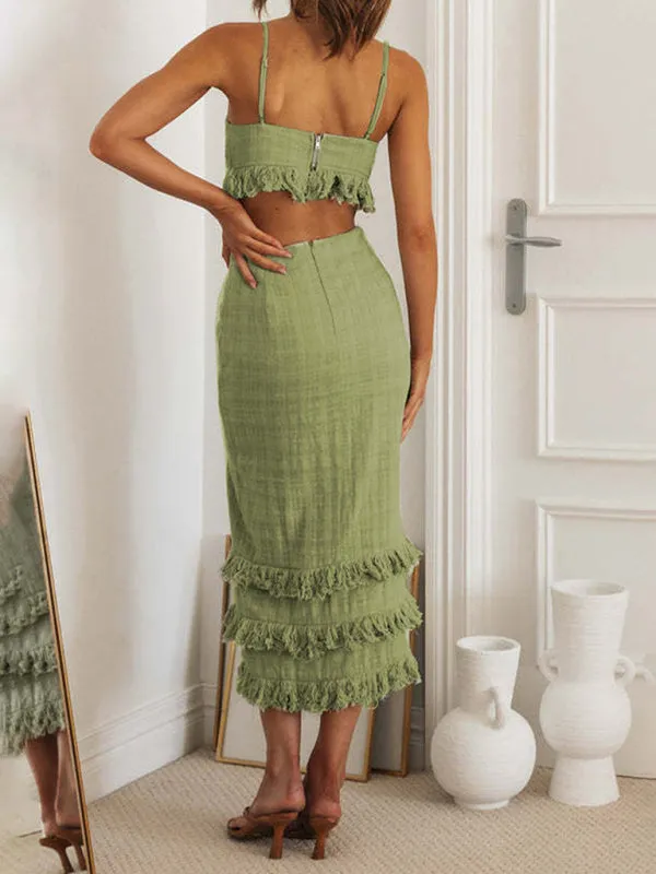 Summer Textured Cutout Sheath Cami Midi Dress with Fringe Accents