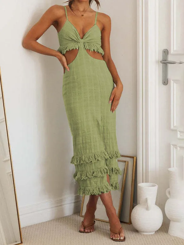 Summer Textured Cutout Sheath Cami Midi Dress with Fringe Accents