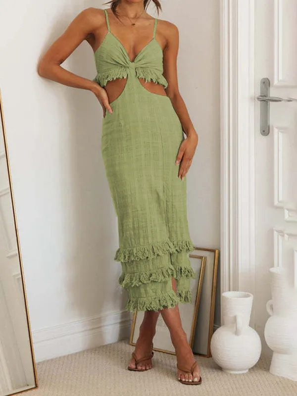 Summer Textured Cutout Sheath Cami Midi Dress with Fringe Accents