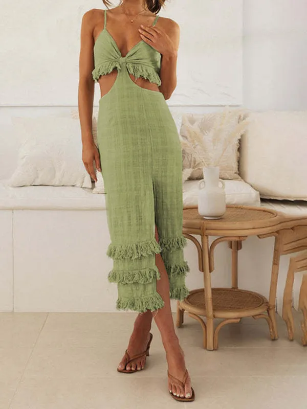 Summer Textured Cutout Sheath Cami Midi Dress with Fringe Accents