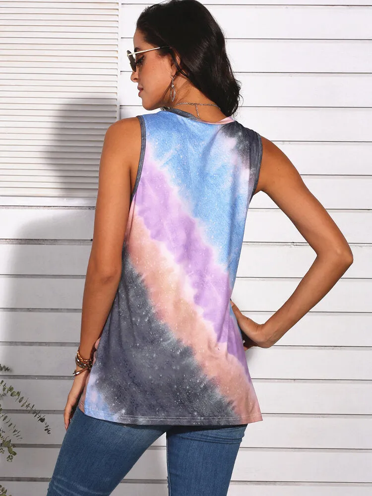 Tie-Dye Gradient Print Sleeveless O-neck Casual Tank Tops For Women