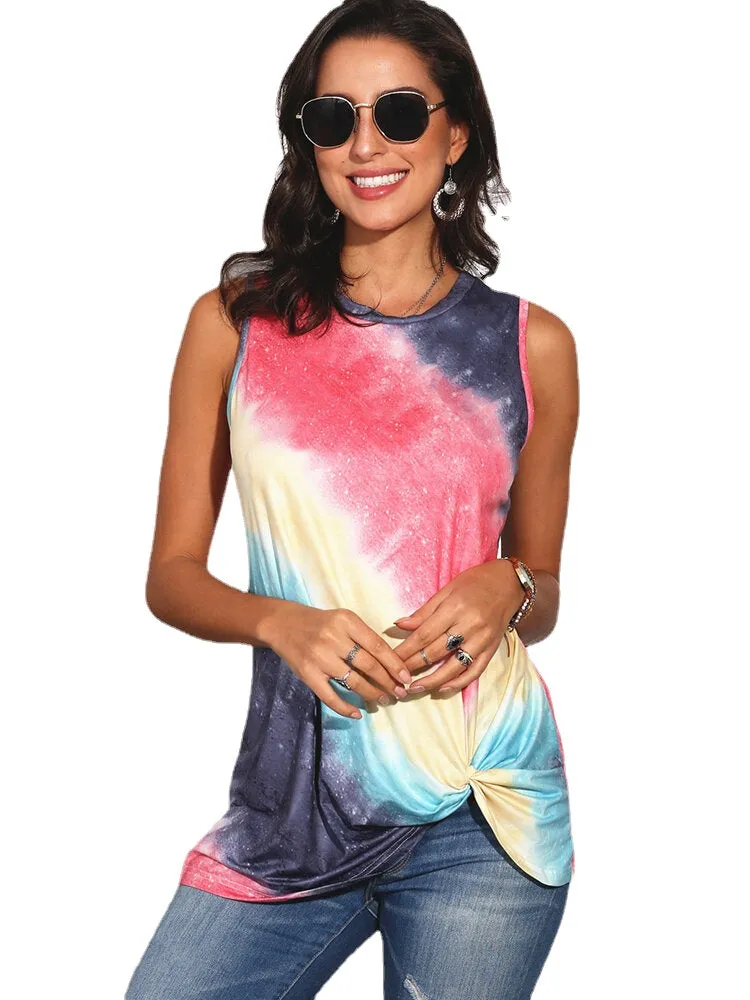 Tie-Dye Gradient Print Sleeveless O-neck Casual Tank Tops For Women