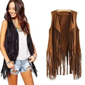 VenusFox Faux Suede Tassels Fringed Vest Cardigan