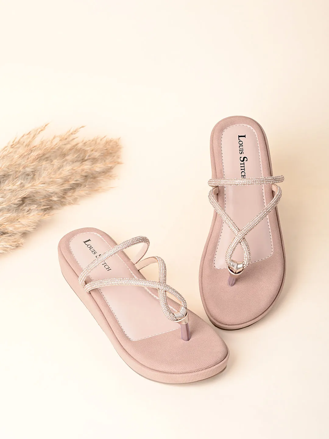 Women's Peach Pink Slip-On Platform Heel T-Strap Lightweight Sandals